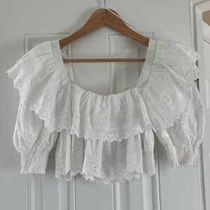 Zara White Eyelet Ruffle Peasant Top